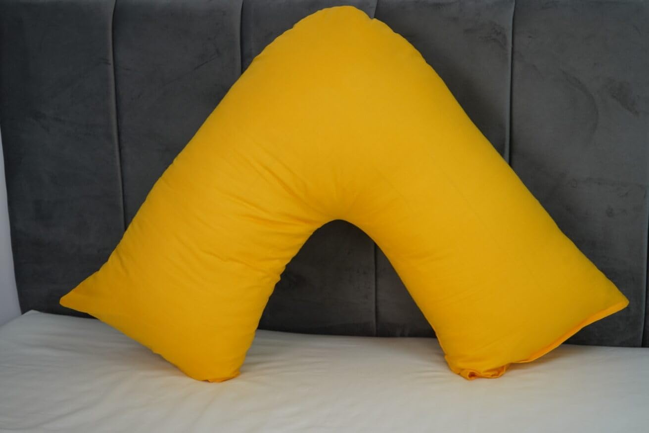 Orthopaedic V-pillow with Free pillowcase- Pregnancy Support V Shaped Triangle Pillow with polycotton pillowcase 74x34cm-Hollow Fibre V-pillow for for Neck,Maternity Pregnancy Support (Mustard)