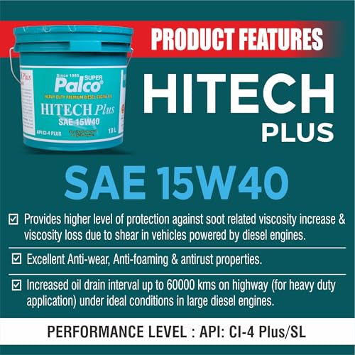Image of PALCO Hitech Plus 15W40 Diesel Engine Oil 10 Litre for Heavy Duty Cars, Commercial Vehicles & Turbocharged Diesel Engines, EGR Compatible