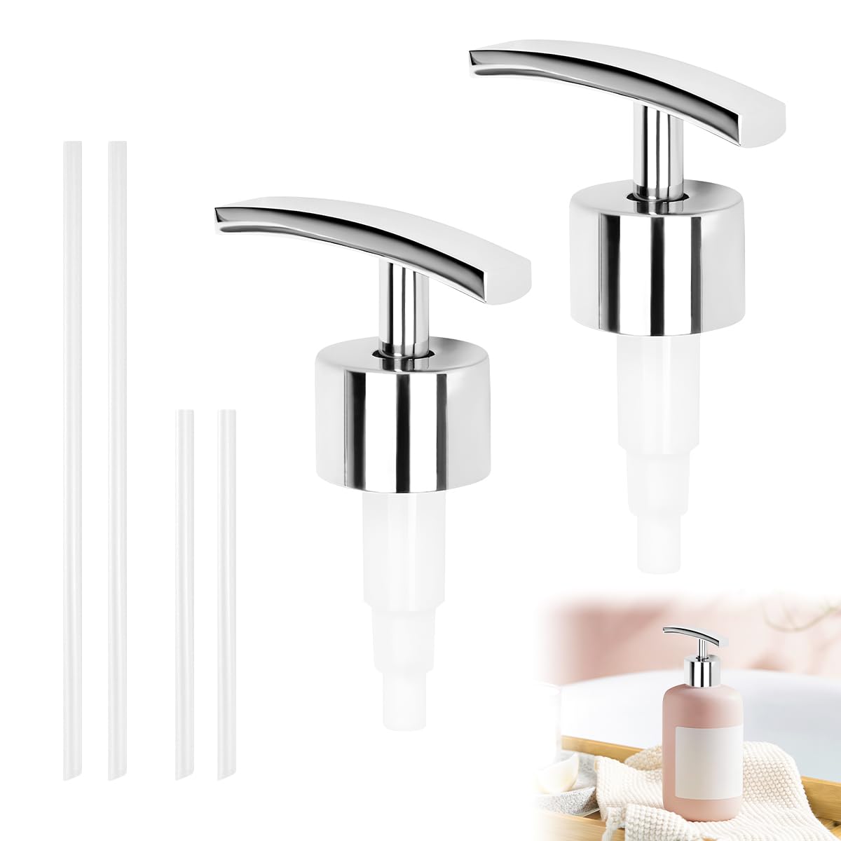 2 Pcs Pompa Dispenser di Sapone, Pompa di Ricambio 28 mm, Erogatore Sapone Liquido con Tubo Flessibile per Bagno Shampoo Doccia Gel
