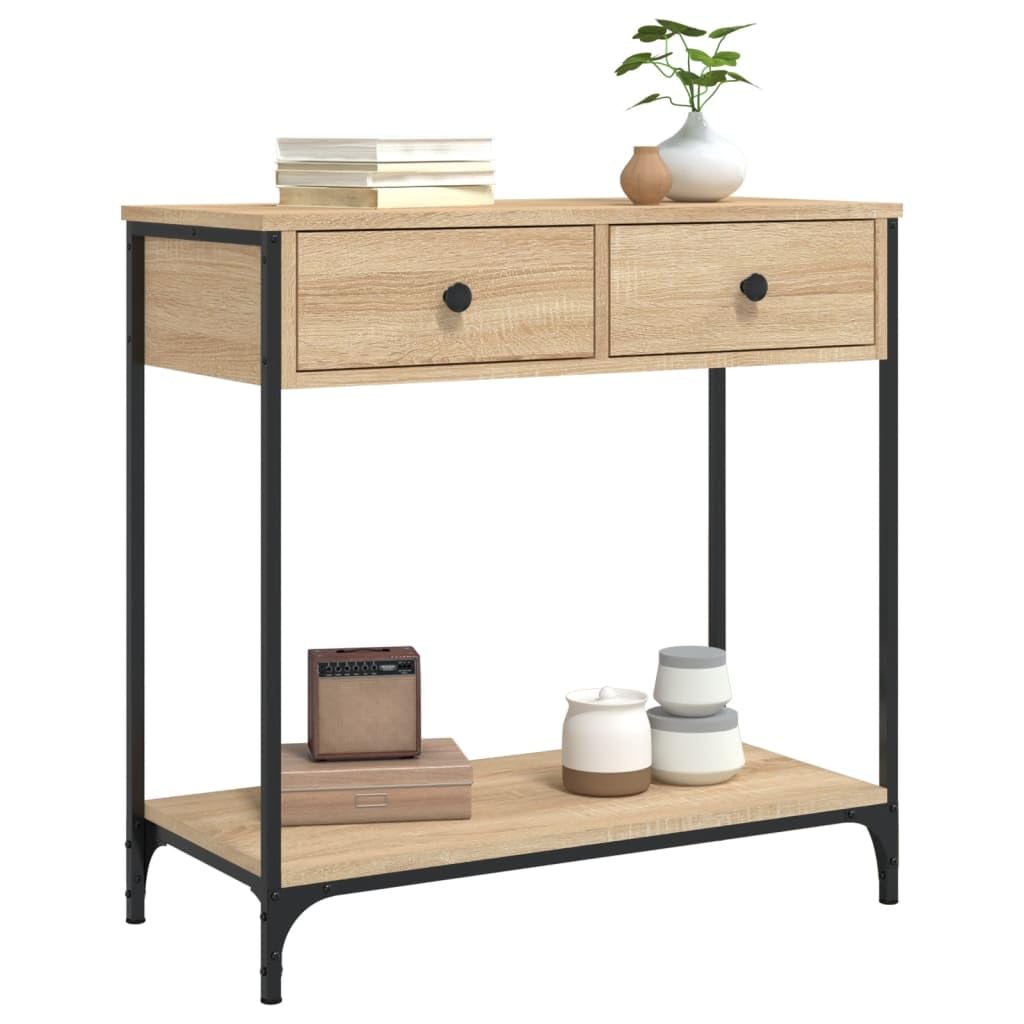 Table console avec tiroir 75 x 34,5 x 75 cm Table basse en bois avec étagères Table d'appoint avec tiroir Bois et métal chêne Sonoma