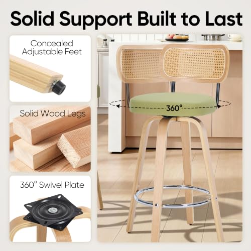 Image of Rattan Bar Stools Set of 2,Upholstered PU Leather, 30''Counter Height Barstools with Back and Wood Legs,360Swivel,Mid-Century Modern Bar Stool for Kitchen Island Dining Room and Bar(Grass Green)