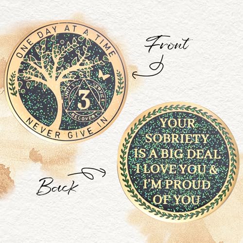 Image of LParkin 3 Year Sobriety Coin, Tree of Life Sobriety Coin, AA Medallion, Sobriety Gifts for Women and Men, Sober Anniversary Token, Alcoholics Anonymous Medallion