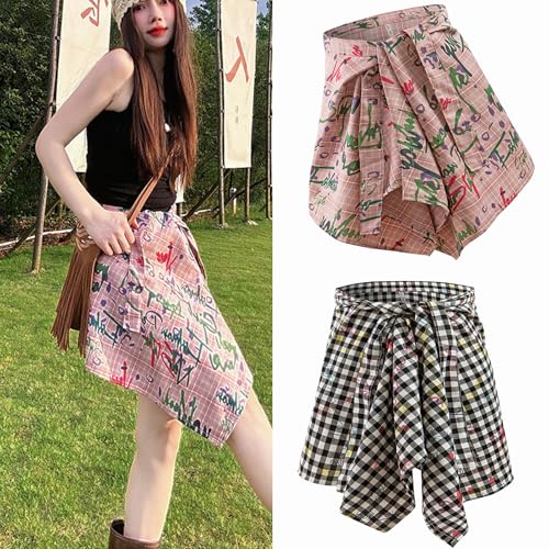 Vintage Checkered Graffitis A Line Short Wrap Skirt for Women Layering Hip Covering Scarf Tie Up Asymmetrical Apron Skir Yellow Plaid2