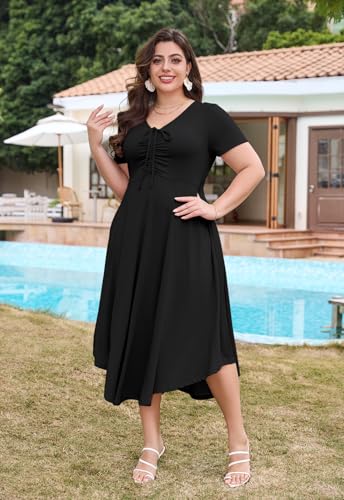 Image of Keluummi Plus Size Maxi Dress for Women V-Neck Short Sleeve with Pockets