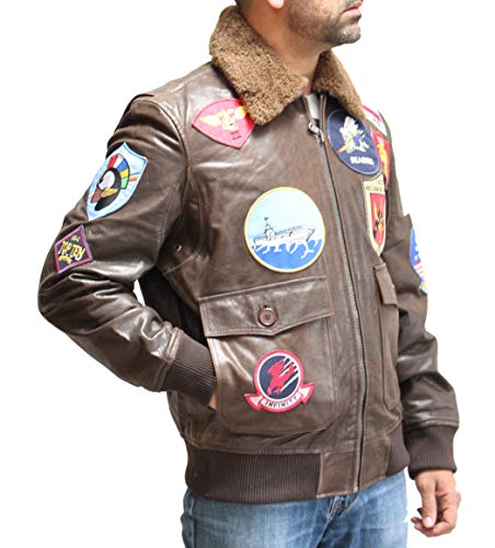 Mens Brown Leather Badges Top Gun Style Maverick Bomber Jacket with Sheepskin Collar.2