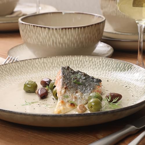 Image of Gibson Elite Jasper 16 Piece Plates and Bowls Reactive Glaze Dishes Stoneware Ceramic Dinnerware Set - Service for 4 - Taupe