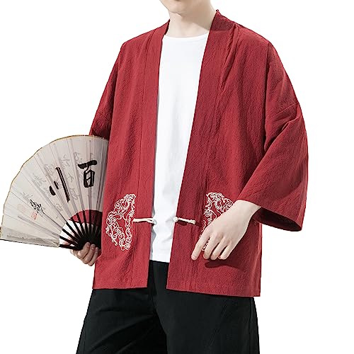 Image of Mens Kimono Cardigan Cotton Linen Japanese Shirt 3 /4 Sleeve Haori Yukata | Skin-Friendly Solid Color Lightweight Shawl Collar Kimono Robe Embroidery Button Tie Pockets Happi Coat All Season Daily Wear