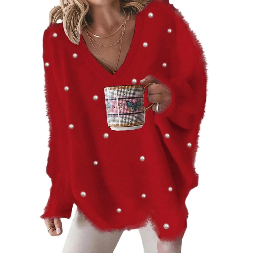 Womens Fuzzy Long Sleeve Pearl Embellished Pullover Sweater Fall Casual Loose V-Neck Dressy Knit Tops for Women