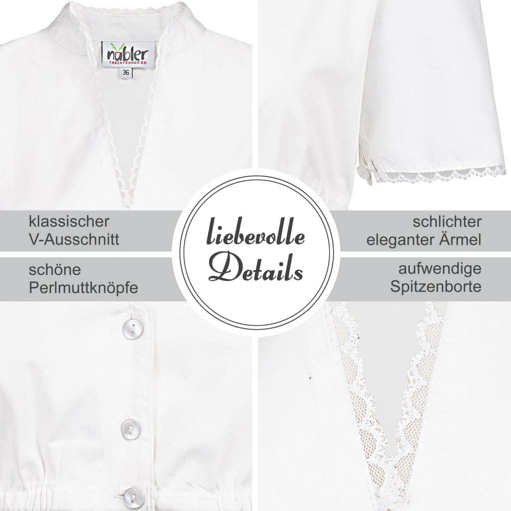 Nübler Dirndlbluse Damen BABSI - Kurzarm Trachtenbluse mit Spitze & V-Ausschnitt im Landhaus Stil - Original bayerische Tracht, Perfekt für Dirndl, Weiß