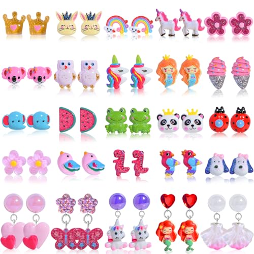 ZPMYi Kids Clip On Earrings for Girls, 25 Pairs Hypoallergenic Girls Earrings for Kids Ages 4-12, Cute Animal Clip On Earrings for Little Girls with No Ear Holes Set Mixcolor, Small