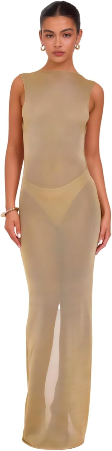 Women's Sexy Open Back Glitter Maxi Dress Sheer Mesh Beach Cover Up Dress Sleeveless Party Vacation Dresses - Image 3