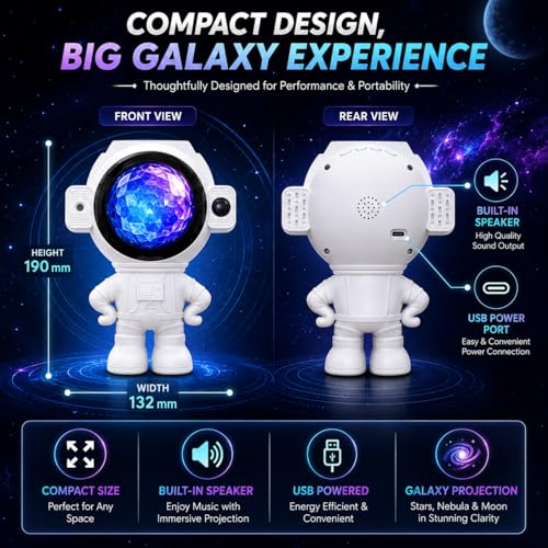 Image of One94Store Astronaut Star Projector Light with 2x4W LED Power, 180 Wide-Angle Projection of Moon, Stars & Clouds, Bluetooth, Voice Activated & Flash Music Modes, Remote with 16.4ft Range, USB Powered