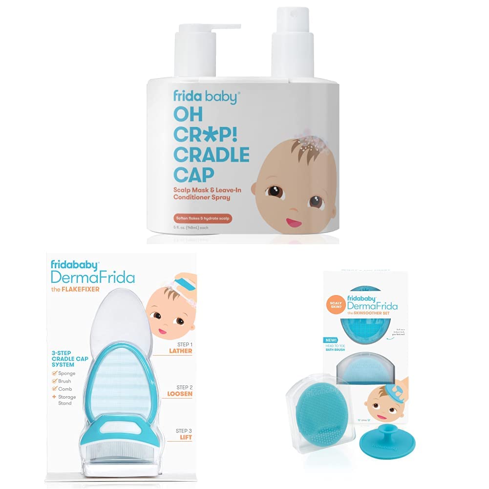 Frida Baby Oh Cr*p! Cradle Cap Flake Fixer Scalp Spray + Scalp Mask Duo & The 3-Step Cradle Cap System & DermaFrida The SkinSoother Baby Bath Silicone Brush