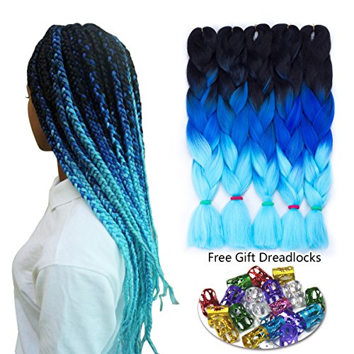 Afro Jumbo Braids Hair Extensions 5-pack 2 Tone & 3 Tone Ombre Crochet Braiding Hair High Temperature Synthetic Fiber for Twist Hair 24inch 100g/pack (Black-Deep, Light Blue, 48#)