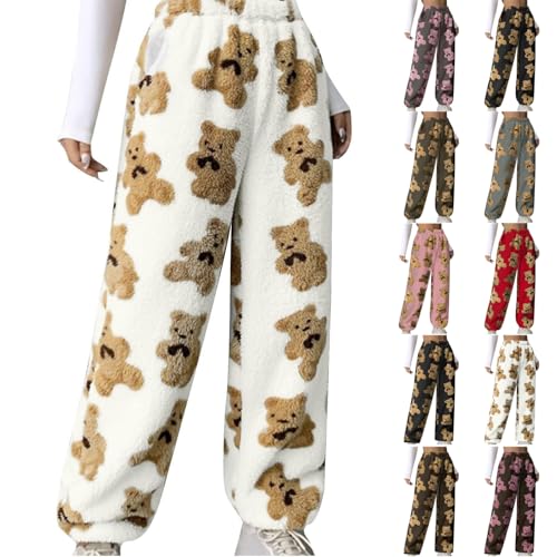 Dajowake Pyjama Hose Damen Teddy Fleece Jogginghose Lange Baumwolle Schlafhose Süße Bär Printer Hosen Flanell Fleece Pyjamahose High Waist Schlafanzughose Baggy Bequeme Thermohose Schlabberhose