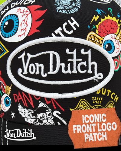 Image of Von Dutch Monogram Trucker Cap - Retro Snapback Cap for Men and Women - Adjustable Snap Fit Panel, Mesh Rear, Curved Bill