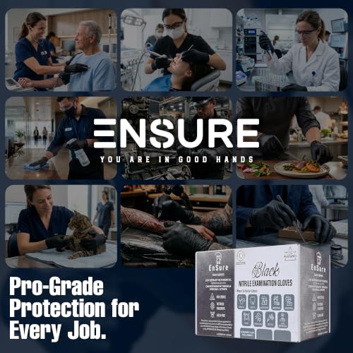 Image of Ensure Black Nitrile Gloves Medical Latex Free Low Dermatitis Gloves 5 Mil | 10 Inch Disposable Nitrile Gloves, Latex & Powder Free, Chemo-Rated, Puncture Resistant, For Medical, Food Service, Cleaning