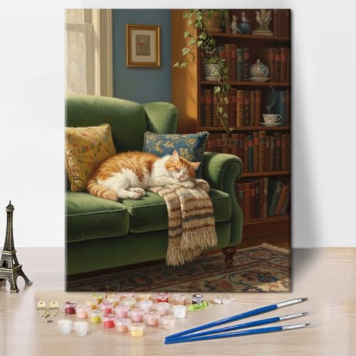 TUMOVO Adults Paint by Numbers Kit Cozy Sleeping Cat on Green Couch Paint by Numbers for Beginners Relaxing Home Interior Scene with Bookshelf DIY Canvas Art Acrylic Paints and Brushes 16x20 Inch