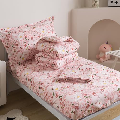 Image of Caressma Twin Size 5 Pieces Pink Comforter Set, Lovely Rabbit Pattern Kids Bedding Set in a Bag with Floral Comforter, Fitted Sheet, Flat Sheet, Pillow Case & Pillow Sham