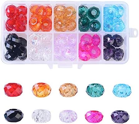 PandaHall 100pcs Faceted Murano Lampwork Glass Beads 14mm Large Hole European Glass Beads with Silver Color Core for Jewelry Making