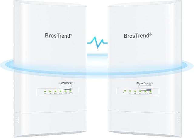 BrosTrend 5KM WiFi Pont w/ 2X Ports Gigabit, Extérieur 5GHz 867Mbps Pont sans fil longue portée, prise & Jouer Point à Point PtP/PtMP, Standard 802.3af PoE & w/Passif PoE Injecteur, pour les bâtiments, la ferme