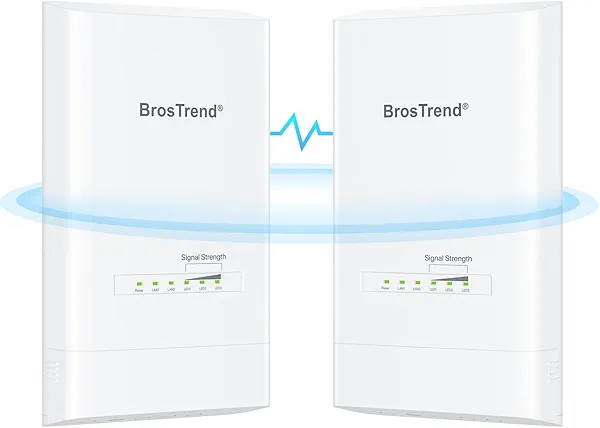 BrosTrend 5KM WiFi Bridge, Wireless Bridge Point to Point Outdoor, Long Range PtP PtMP for Camera, 2X Gigabit Ports, Plug&Play 5G 867Mbps, PoE Powered, Work with Starlink, Extend Network to Buildings