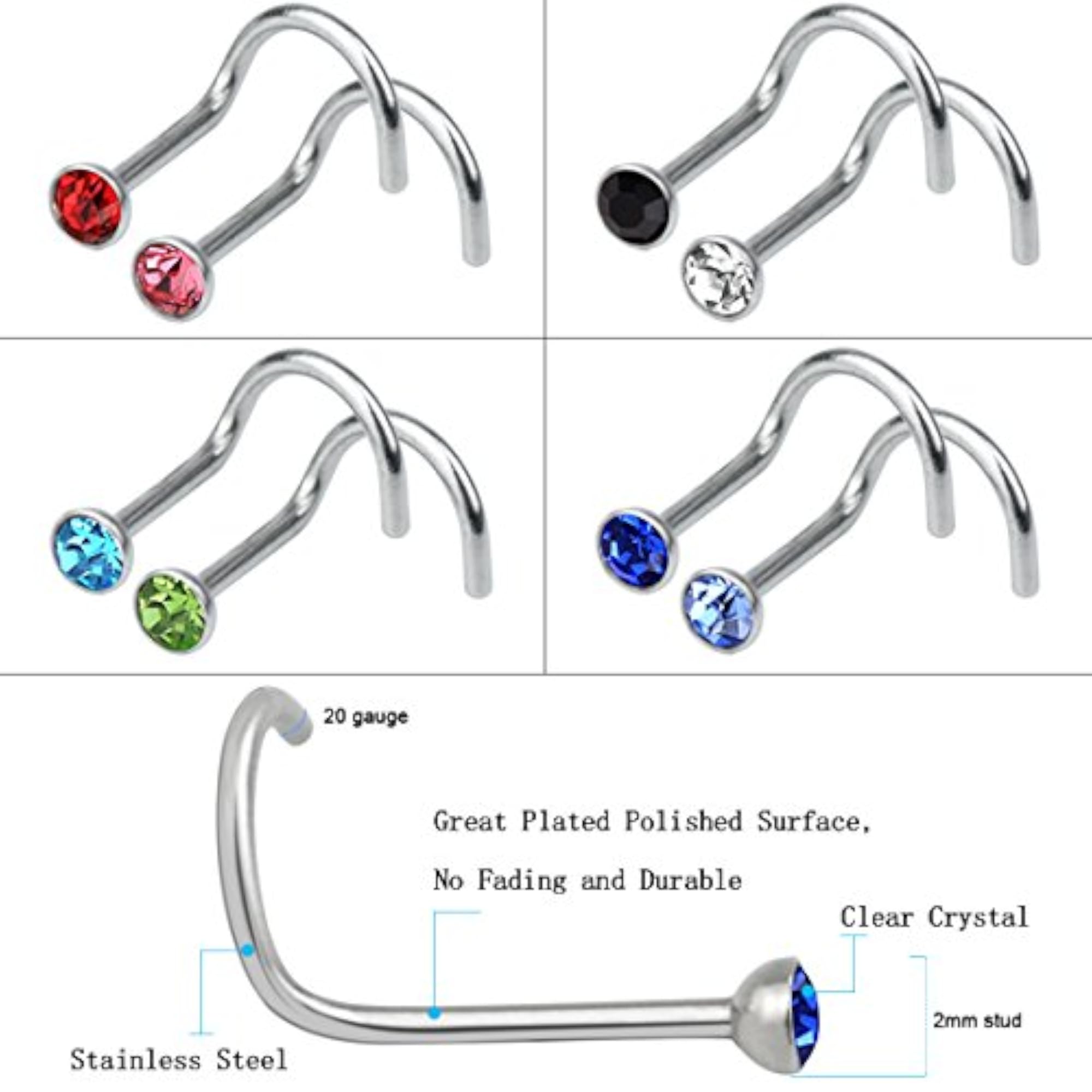 20pcs Rhinestone Steel Nose Studs Set, Colourful