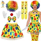 MINUBIN 6 Piezas Disfraz Payaso Mujer Carnaval, Costume Mujer con Peluca y Nariz de Payaso de Colores, Disfraz Accesorios Set para Fiesta de Carnaval Halloween Cosplay