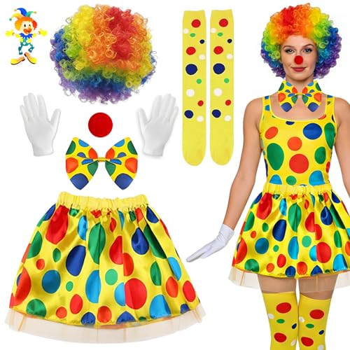 MINUBIN 6 Stück Clown Kostüm Damen Karneval, Faschingskostüme Damen mit Bunter Clown Perücke und Nase, Kostüm Set für Karneval Halloween Cosplay Mottoparty