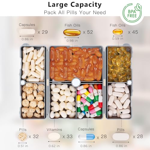 Image of FYY Travel Pill Organizer, 7 Compartments Large Pill Box Medicine Case-Grey
