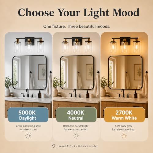 Image of L LOHAS LED 3-Light Bathroom Vanity Light, Black and Gold