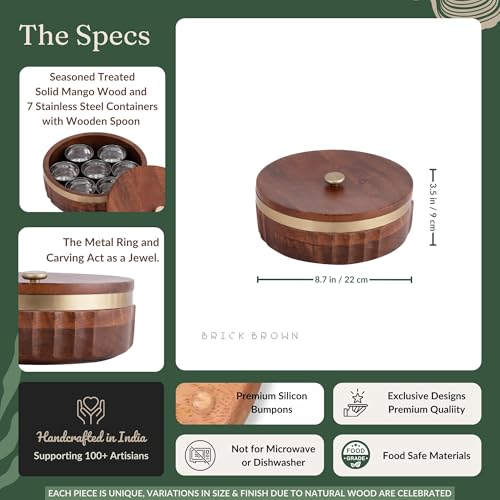 Image of Brick Brown Zari Wooden Masala Box with Lid & Gold Band | 7 Steel Containers & Wooden Spoon | Spice Box Organizer /Masala Dani | Solid Wood Round Spice Storage Case for Kitchen 8.7x8.7 x3.5 Inch
