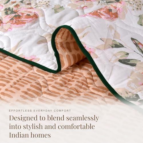 Image of HUESLAND Reversible AC Quilt Blanket Single Bed | 100% Cotton Quilted Shell, Super Soft 120 GSM Microfibre Wadding | Lightweight Comforter for All Weather Use | Blushing Blooms - 55 x 88 inches