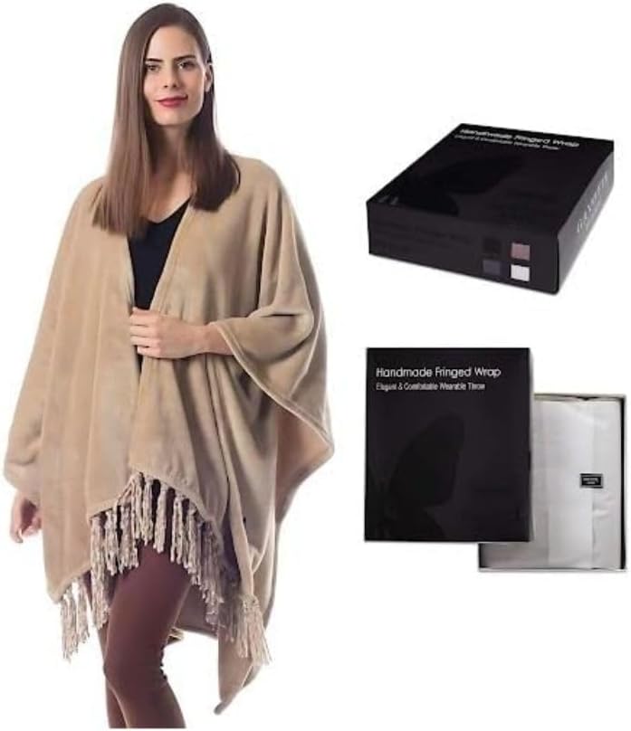 Travel Wrap for Women, Fleece Scarf for Women Airplane, Lightweigh and Warm Shawl with Fringes, this Blanket Scarf Makes a Great Gift for Mom - Beige
