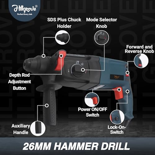 Image of Hillgrove HGCM1396M1 1200W 100% Copper Winding 26mm Rotary Hammer Impact Gun Chipping Hammering Drilling Breaker Drill Machine Kit Set with Angle Grinder
