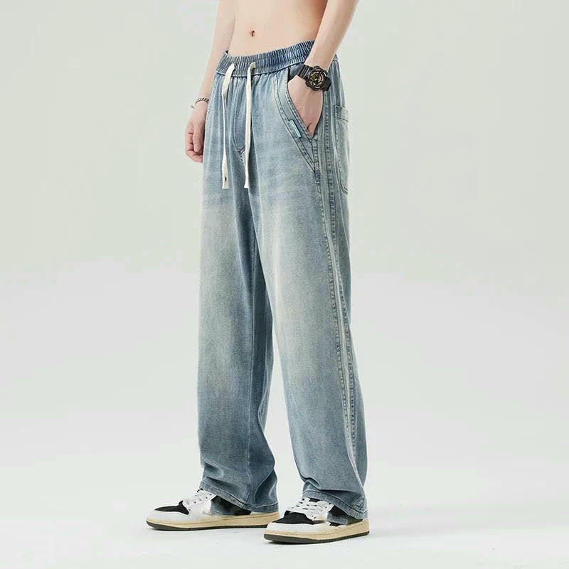 Mens Summer Thin Soft Lyocell Fabric Jeans Men Elastic Waist Straight Breathe Denim Pants Male Trousers3