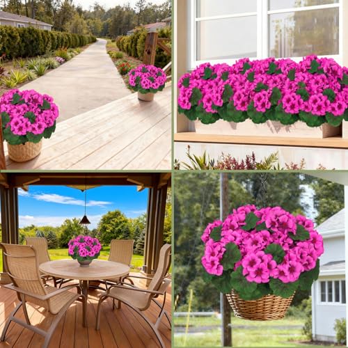 Image of 8 Pcs Artificial Geraniums Flowers for Outdoor Spring Summer Decor UV-Resistant & Realistic Silk Faux Plants for Garden Porch Patio Yard Balcony Home Kitchen Table Decoration, Rose Pink
