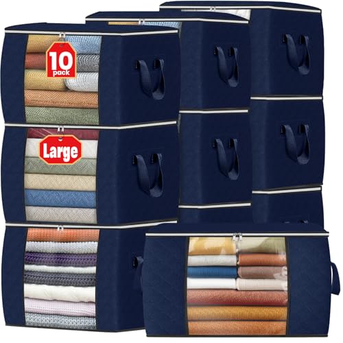 Image of Fab totes 24 Gallons Clothes Storage,Foldable Thick Fabric Blanket Storage Bags, Containers for Organizing Bedroom, Closet, Clothing, Comforter, Organization with Handle (10 Pack,Blue)