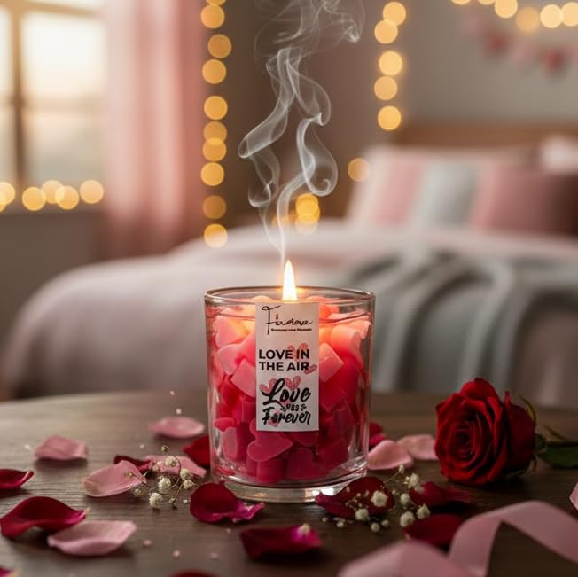 Image of Love is in the Air Romantic Scented Jar Candle | Filled with Pink & Red Mini Hearts | Calming Rose Fragrance for Aromatherapy | Hand-Poured Soy Wax | Gift for Love, Birthday, Valentine