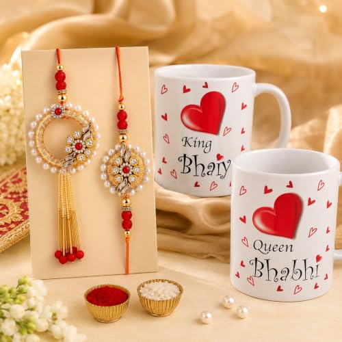 Image of CraftVatika Rakhi Mug Gift Combo for Brother Bhaiya Bhabhi - Premium Couple Pair Rakhi with Printed Mug Gift, Rakhi Set of 2