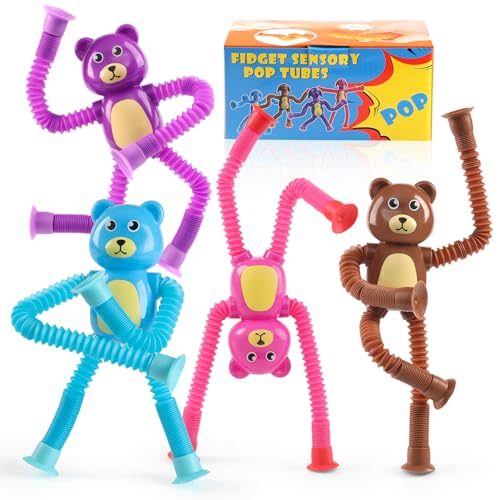 4 Pcs Telescopic Suction Cup Bear Toy,Bear Pop Sensory Tube Toddler Fidget Toys,Bear Party Favors for Kids,Classroom Exchange, School Reward,Autism Sensory Products