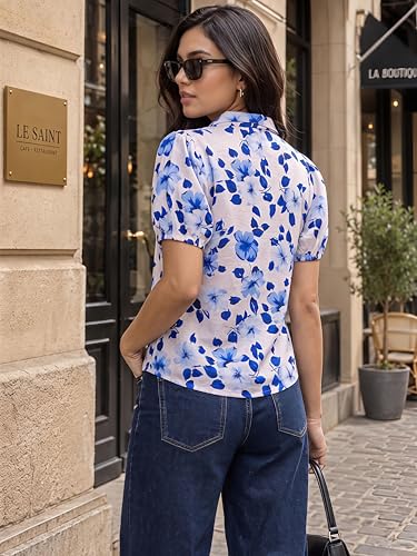 Image of NAINVISH Printed Top Short Sleeve Button Down V Neck Lightweight Soft Fabric Casual Office Summer Stylish Patterned Womens Comfort Fit Regular Top