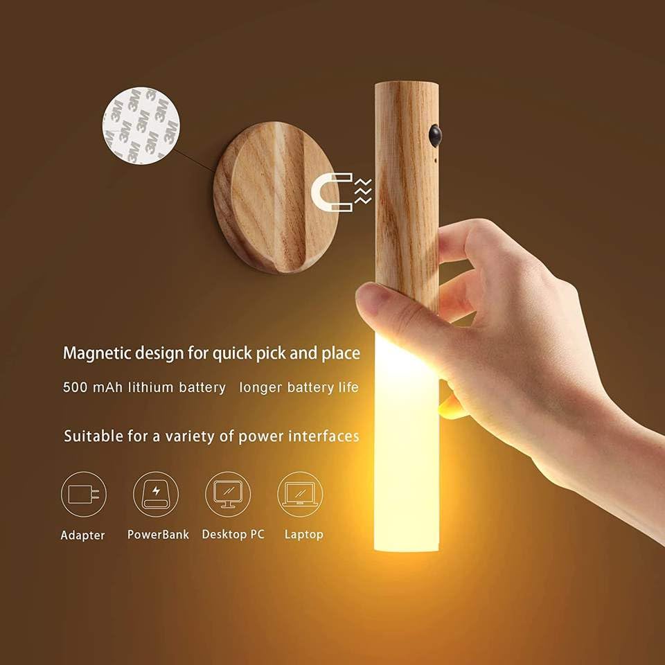 Image of ZENOVIA Magnetic Motion Sensor Night Light, Light Wood Color | USB Rechargeable, LED Cabinet & Wall Light, Wooden Finish, Portable Stick Lamp, For Wardrobe, Bedroom, Staircase & Corridor