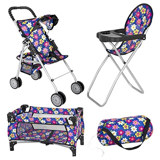 Exquisite Buggy Doll 3 Piece Play Set Baby Doll Accessories - Includes, 1 Pack N Play. 2 Doll Stroller. 3 Doll High Chair. Fits Up to 18'' Doll (Flower)