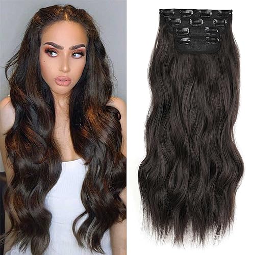 Xtrend 20-Inch Long Wavy Hair Extensions - 4PCS Full Head Set Clip in Synthetic Hair Pieces for Women Girls Thick Curly (Dark Brown#)