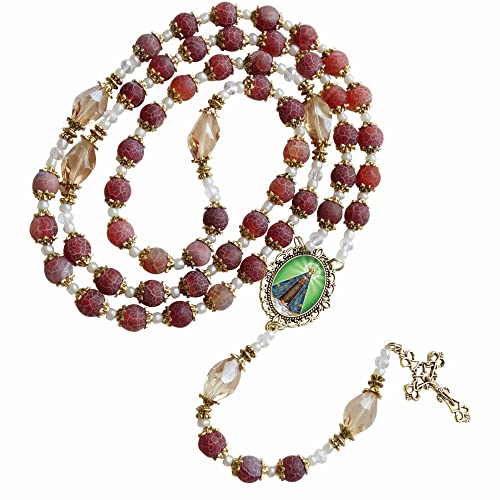 Nossa Senhora Aparecida Patron of Brazil Fire Quartz 10mm Beaded Rosary with Gold Plated Crucifix and Findings Cabochon Centerpiece with Color Image Includes a Blessed Prayer Card