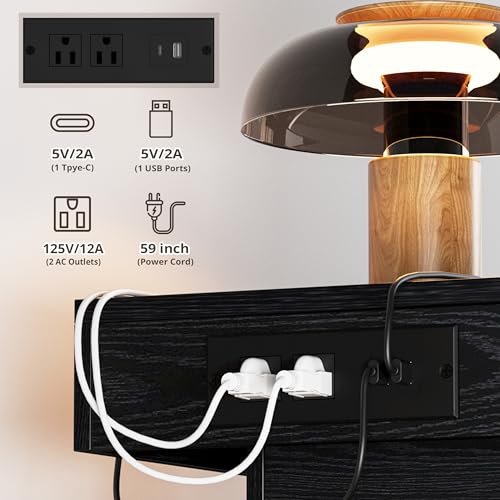 image for LIKIMIO Night Stand with Charging Station, Modern Black Nightstand wit