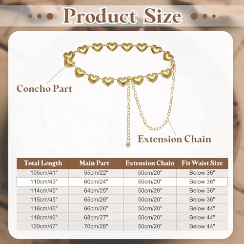 uxcell Western Metal Concho Belt, Women Waist Chain Belt, Country Concert Outfit for Music Festival Outfit with Jeans Dress, Vintage Heart, Gold Tone2