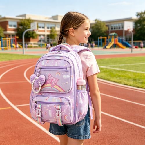 Image of Kids Backpack for Girls.Girls Backpack,School Bag for Kids.GirlsTeens Middle Student,Kawaii Children's Book Bag Rainbow Butterfly Purple