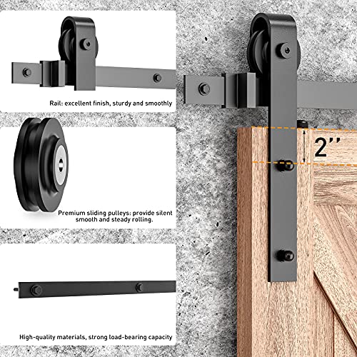 Signstek 8 FT Sliding Barn Door Hardware Kit Heavy Duty-Smoothly and Quietly- Easy to Install with Door Hook and 2 Handles - Fit 1 3/8-1 3/4\" Thickness – Black (J Shape Hanger)